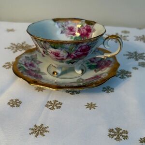 Vintage Tea Cup/Saucer Set, Pink Roses, Japan